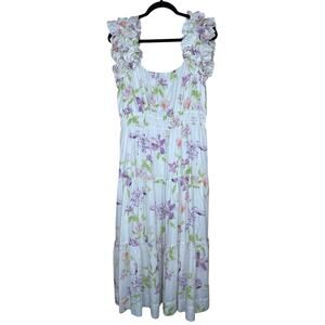 Biltmore Medium Linen Rayon Dress Ruffle StrapsTiered Pockets Cottagecore